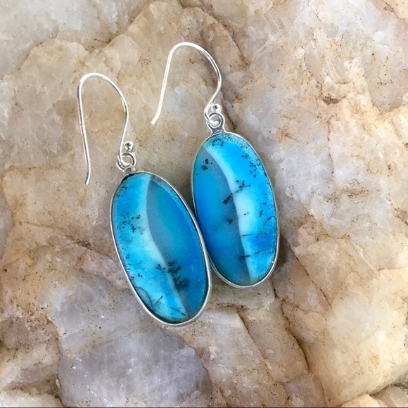 Blue dendritic opal merlinite sterling earrings NWT - Picture 3 of 5